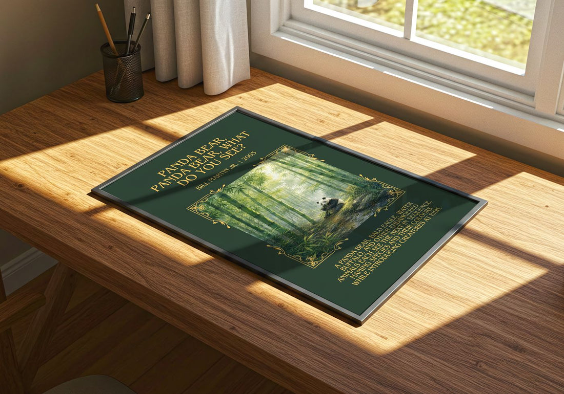 Panda Bear, Panda Bear, What Do You See? Minimalist Book Poster – print on a sunlit desk