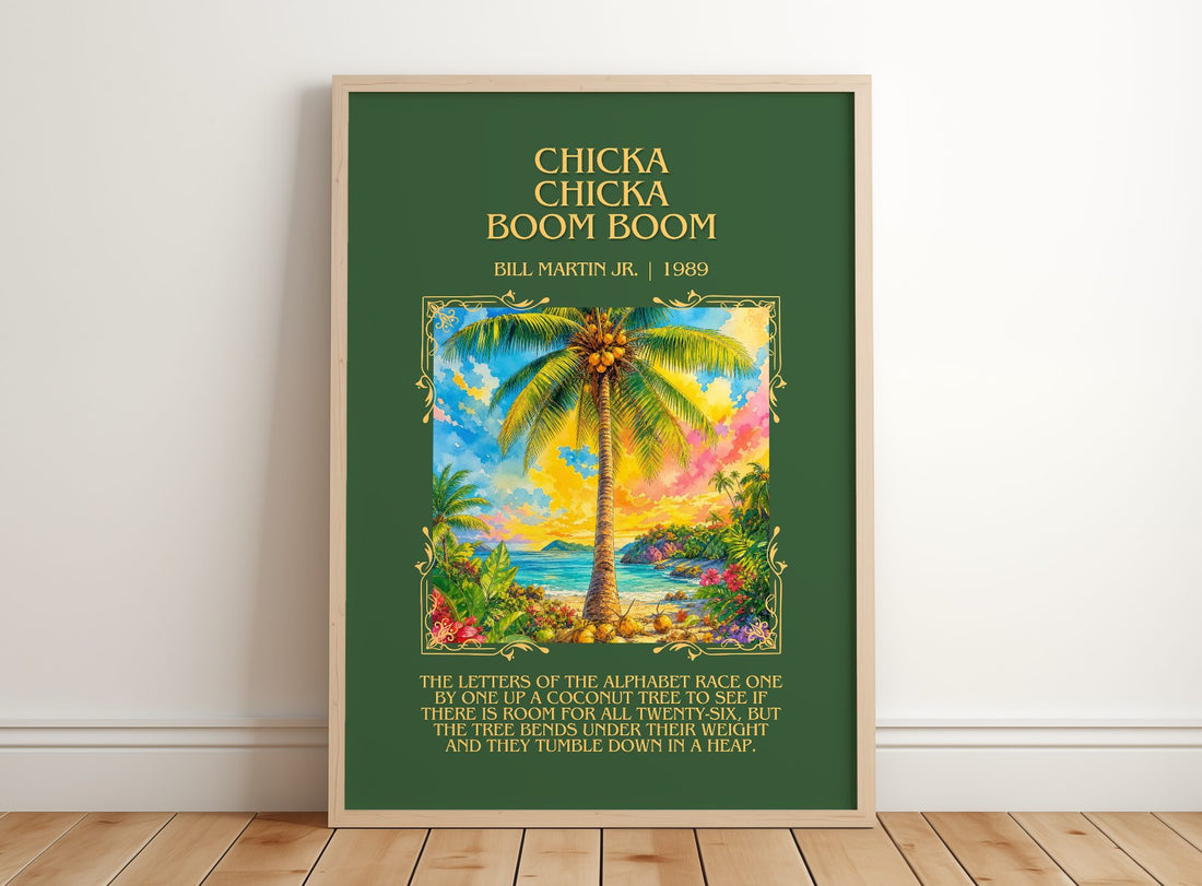 Chicka Chicka Boom Boom Minimalist Book Poster by Bill Martin Jr. – framed print leaning on a wooden floor