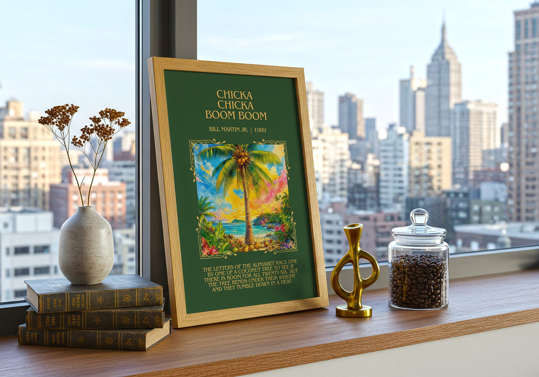 Chicka Chicka Boom Boom Minimalist Book Poster by Bill Martin Jr. – framed print on a city-view windowsill