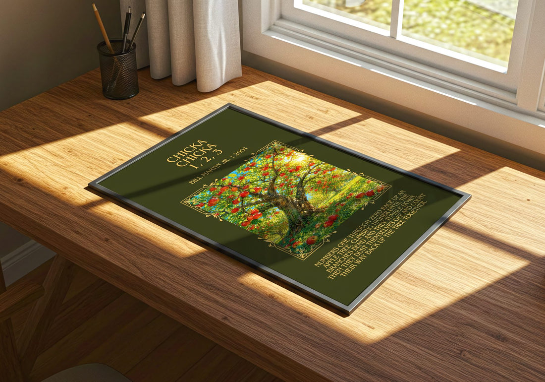 Chicka Chicka 1, 2, 3 Minimalist Book Poster by Bill Martin Jr. – print on a sunlit desk