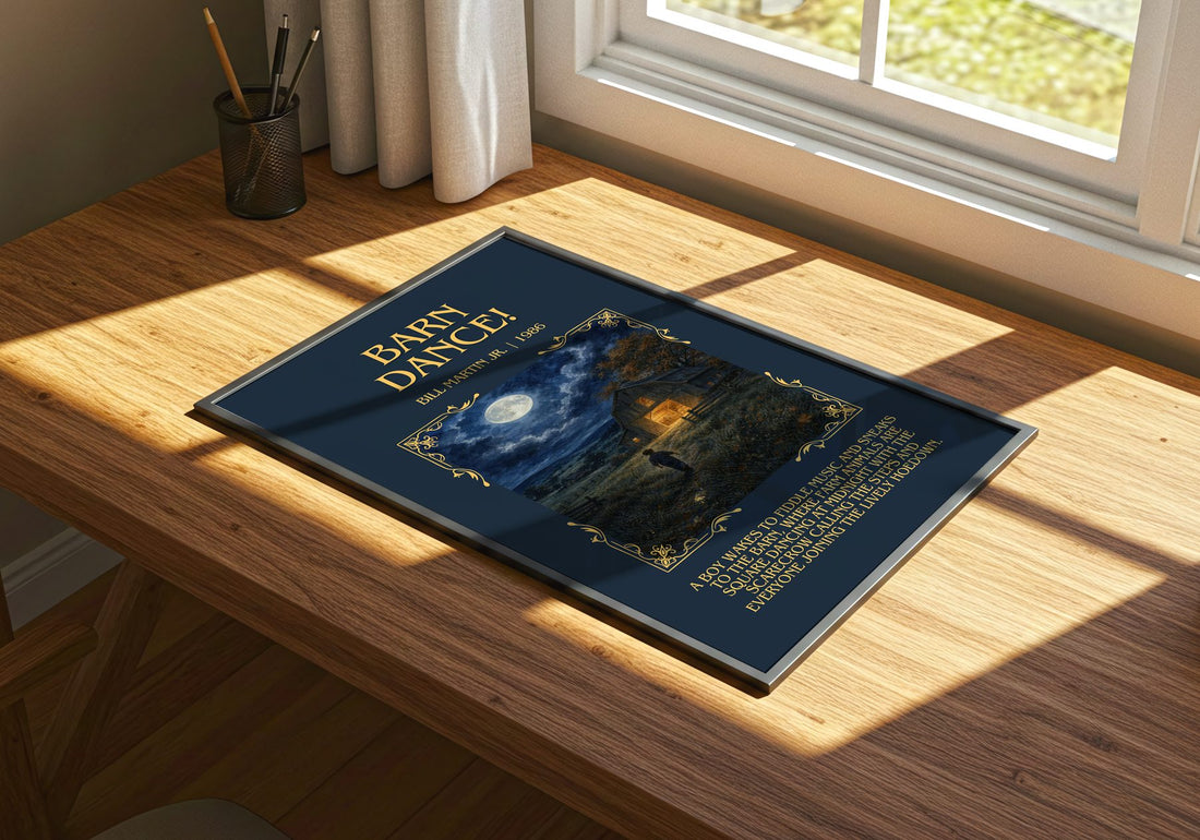 Barn Dance! Minimalist Book Poster by Bill Martin Jr. – print on a sunlit desk