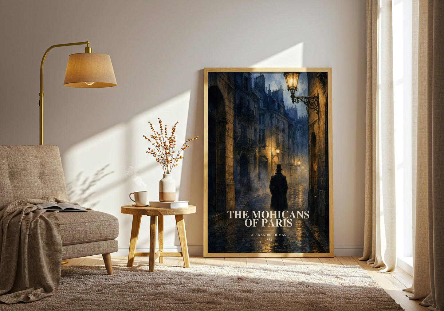 The Mohicans Of Paris watercolour print in frame leaning in hallway – historical fiction wall art