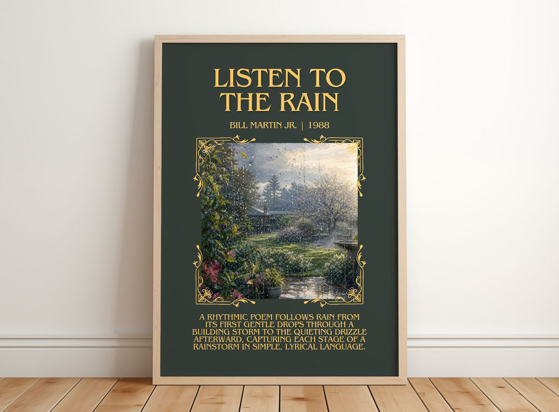 Listen To The Rain Minimalist Book Poster by Bill Martin Jr. – framed print leaning on a wooden floor