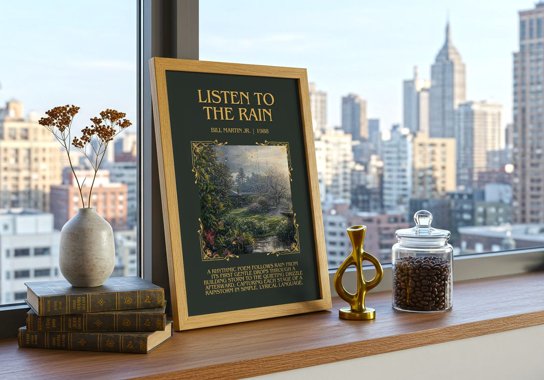 Listen To The Rain Minimalist Book Poster by Bill Martin Jr. – framed print on a city-view windowsill