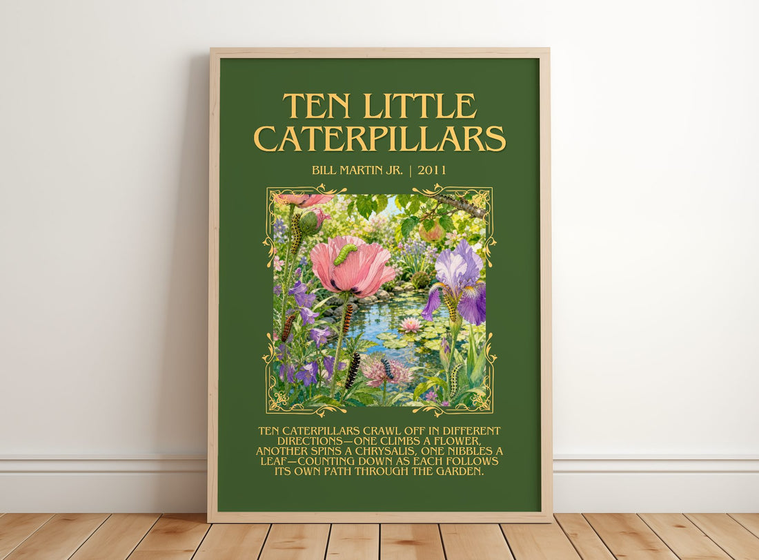 Ten Little Caterpillars Minimalist Book Poster by Bill Martin Jr. – framed print leaning on a wooden floor