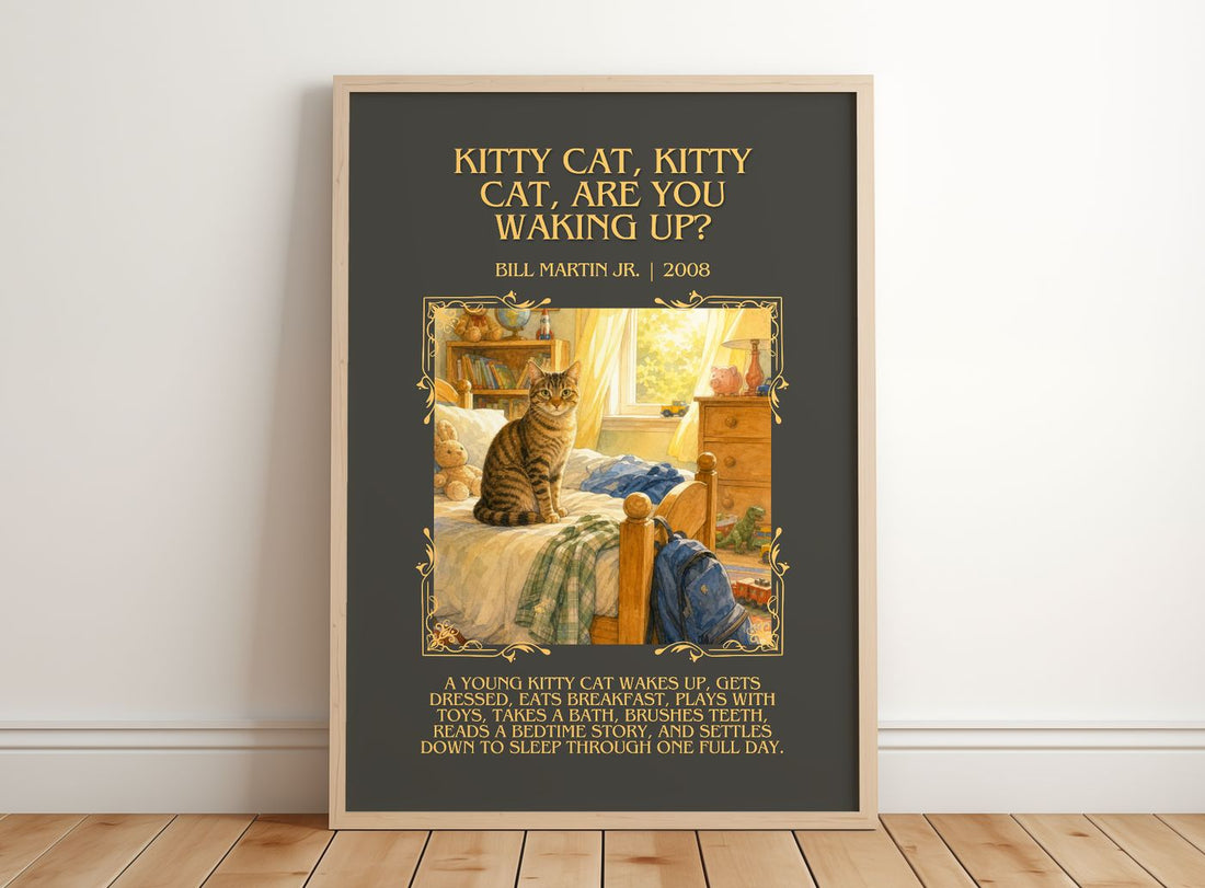 Kitty Cat, Kitty Cat, Are You Waking Up? Minimalist Book Poster – framed print leaning on a wooden floor