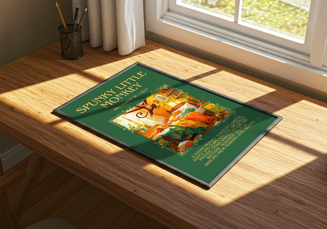 Spunky Little Monkey Minimalist Book Poster by Bill Martin Jr. – print on a sunlit desk