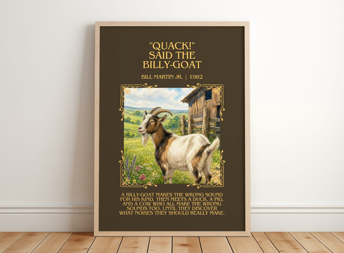 "Quack!" Said The Billy-Goat Minimalist Book Poster by Bill Martin Jr. – framed print leaning on a wooden floor