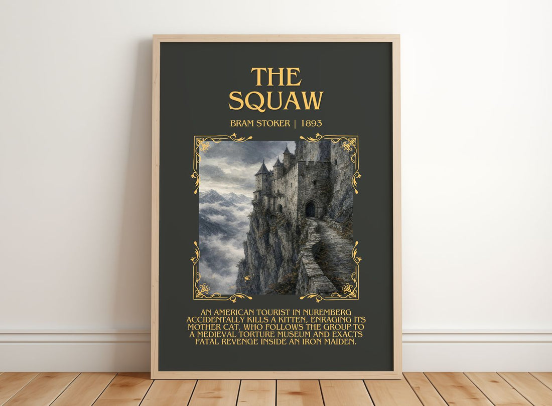 The Squaw Minimalist Book Poster by Bram Stoker – framed print leaning on a wooden floor