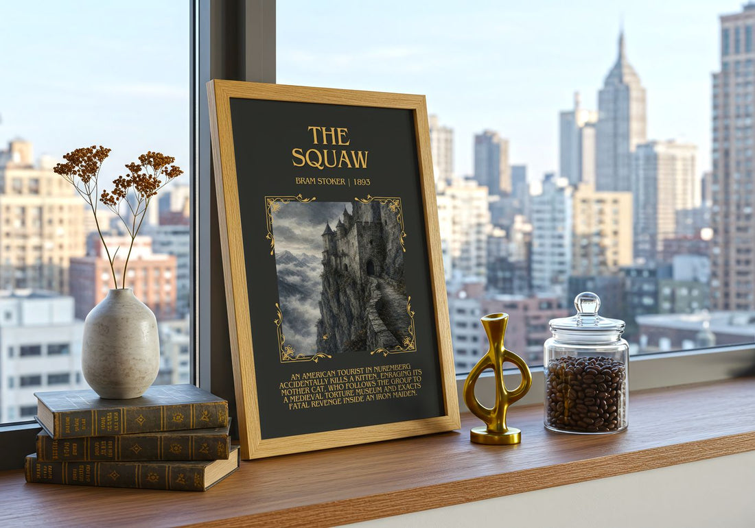 The Squaw Minimalist Book Poster by Bram Stoker – framed print on a city-view windowsill