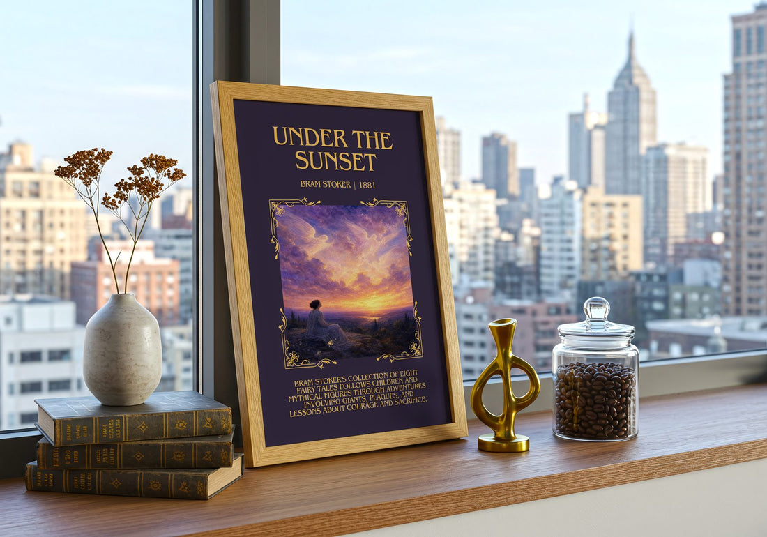 Under The Sunset Minimalist Book Poster by Bram Stoker – framed print on a city-view windowsill