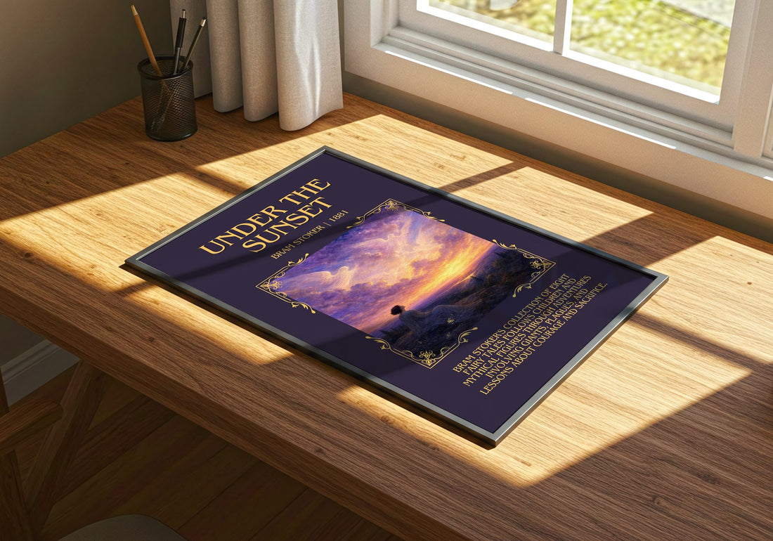 Under The Sunset Minimalist Book Poster by Bram Stoker – print on a sunlit desk