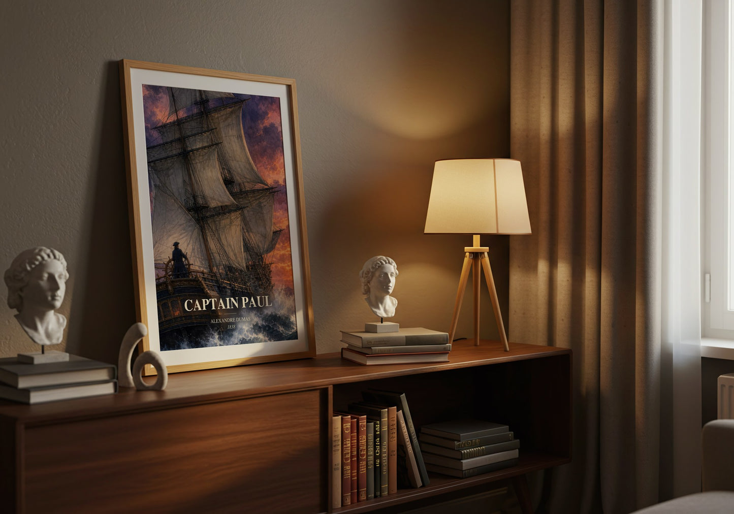 Captain Paul watercolour print on bookshelf – Alexandre Dumas fan gift
