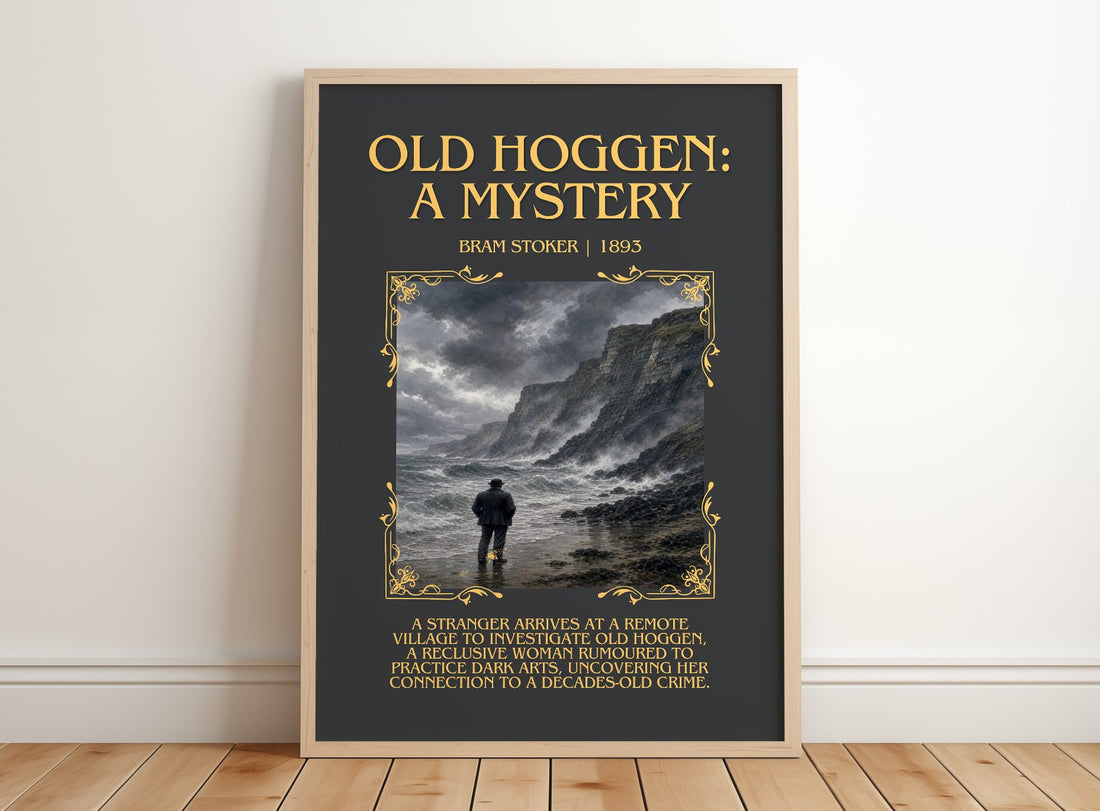 Old Hoggen: A Mystery Minimalist Book Poster by Bram Stoker – framed print leaning on a wooden floor