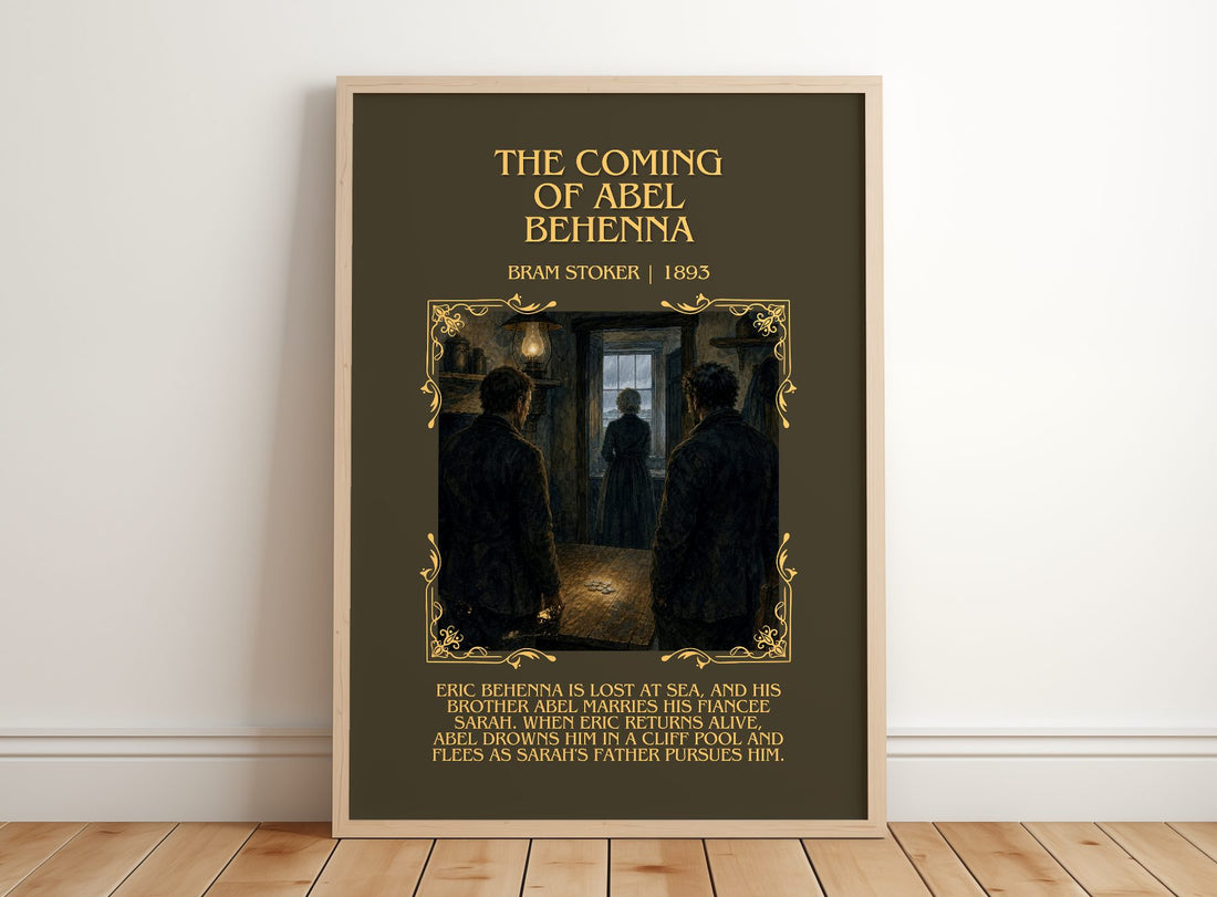 The Coming Of Abel Behenna Minimalist Book Poster by Bram Stoker – framed print leaning on a wooden floor