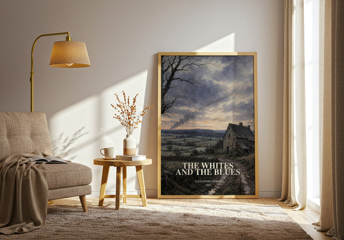 The Whites And The Blues watercolour print in frame leaning in hallway – historical fiction wall art (mockup)