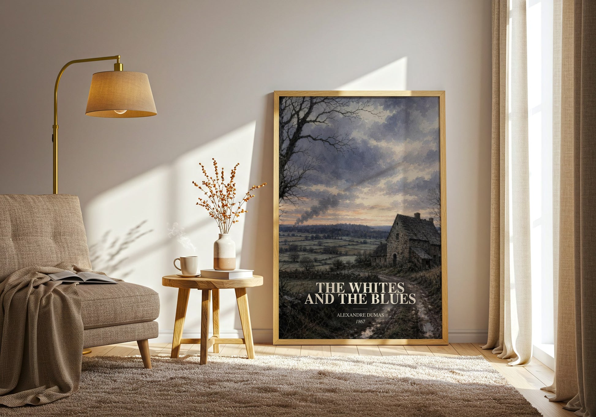The Whites And The Blues watercolour print in frame leaning in hallway – historical fiction wall art