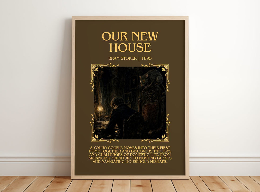 Our New House Minimalist Book Poster by Bram Stoker – framed print leaning on a wooden floor