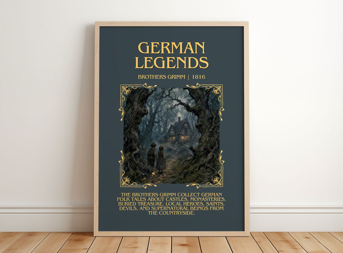 German Legends Minimalist Book Poster by Brothers Grimm – framed print leaning on a wooden floor