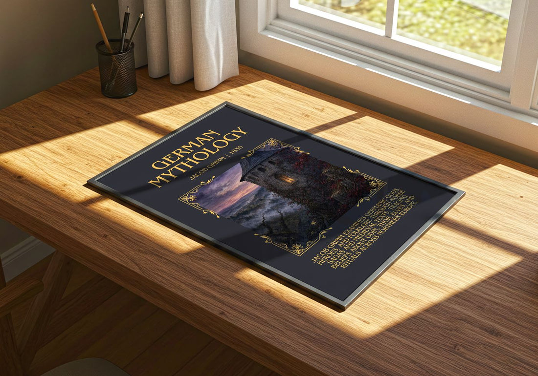 German Mythology Minimalist Book Poster by Jacob Grimm – print on a sunlit desk