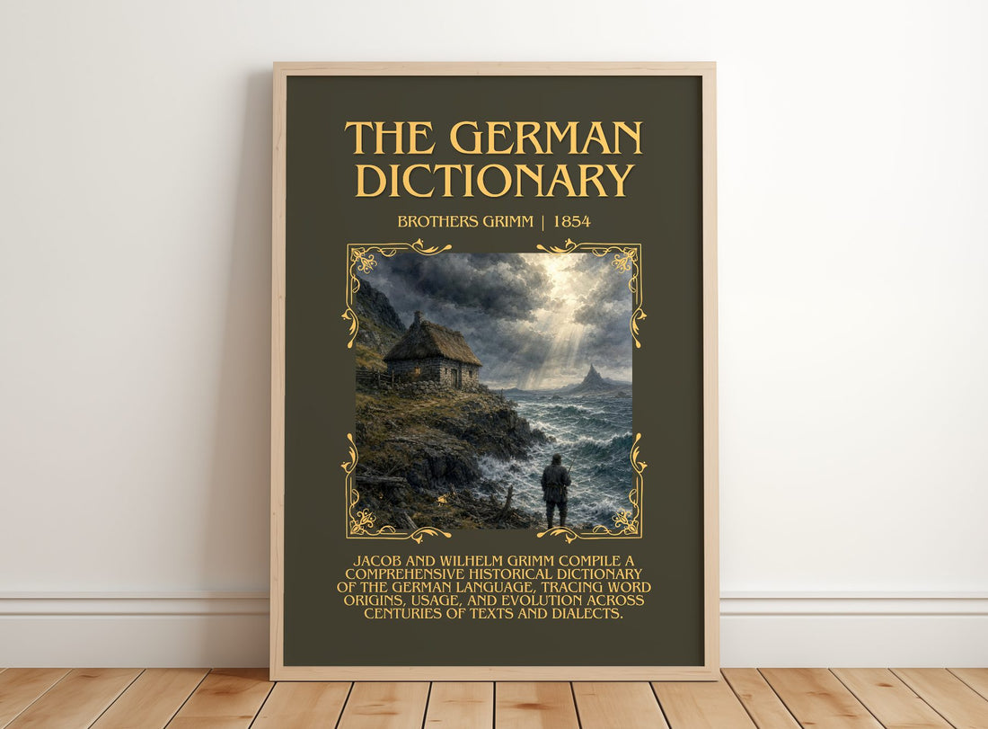 The German Dictionary Minimalist Book Poster by Brothers Grimm – framed print leaning on a wooden floor