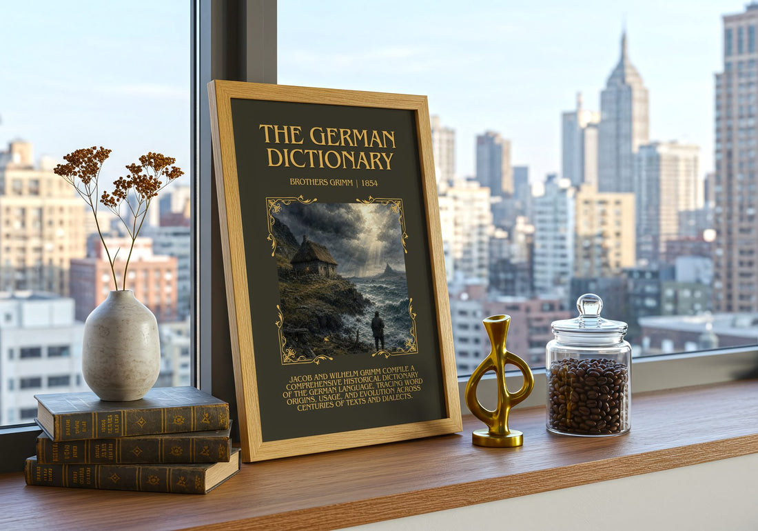 The German Dictionary Minimalist Book Poster by Brothers Grimm – framed print on a city-view windowsill