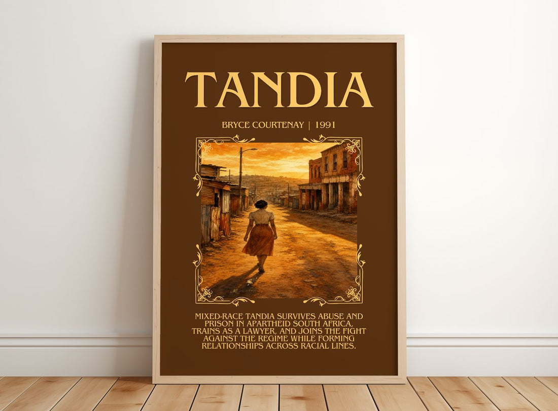Tandia Minimalist Book Poster by Bryce Courtenay – framed print leaning on a wooden floor