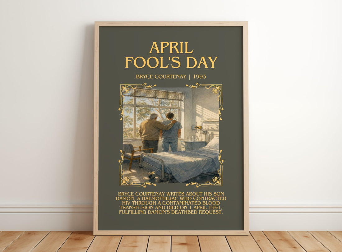 April Fool'S Day Minimalist Book Poster by Bryce Courtenay – framed print leaning on a wooden floor