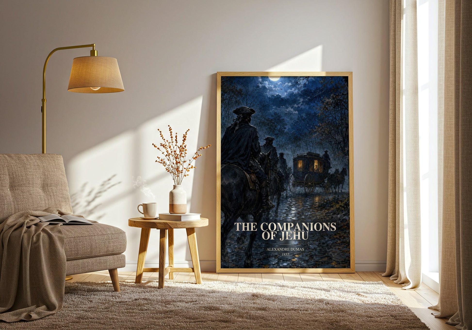 The Companions Of Jehu watercolour print in frame leaning in hallway – historical fiction wall art
