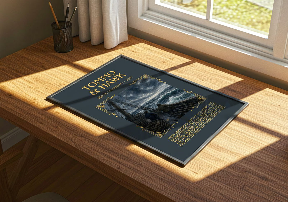 Tommo & Hawk Minimalist Book Poster by Bryce Courtenay – print on a sunlit desk