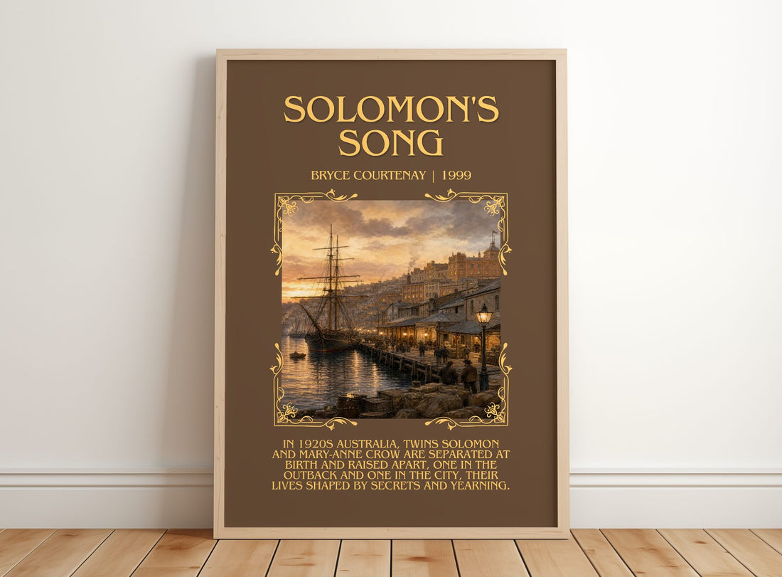 Solomon'S Song Minimalist Book Poster by Bryce Courtenay – framed print leaning on a wooden floor