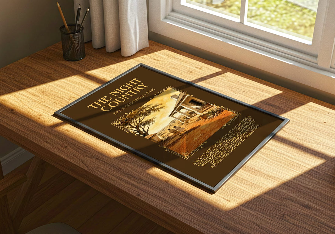 The Night Country Minimalist Book Poster by Bryce Courtenay – print on a sunlit desk
