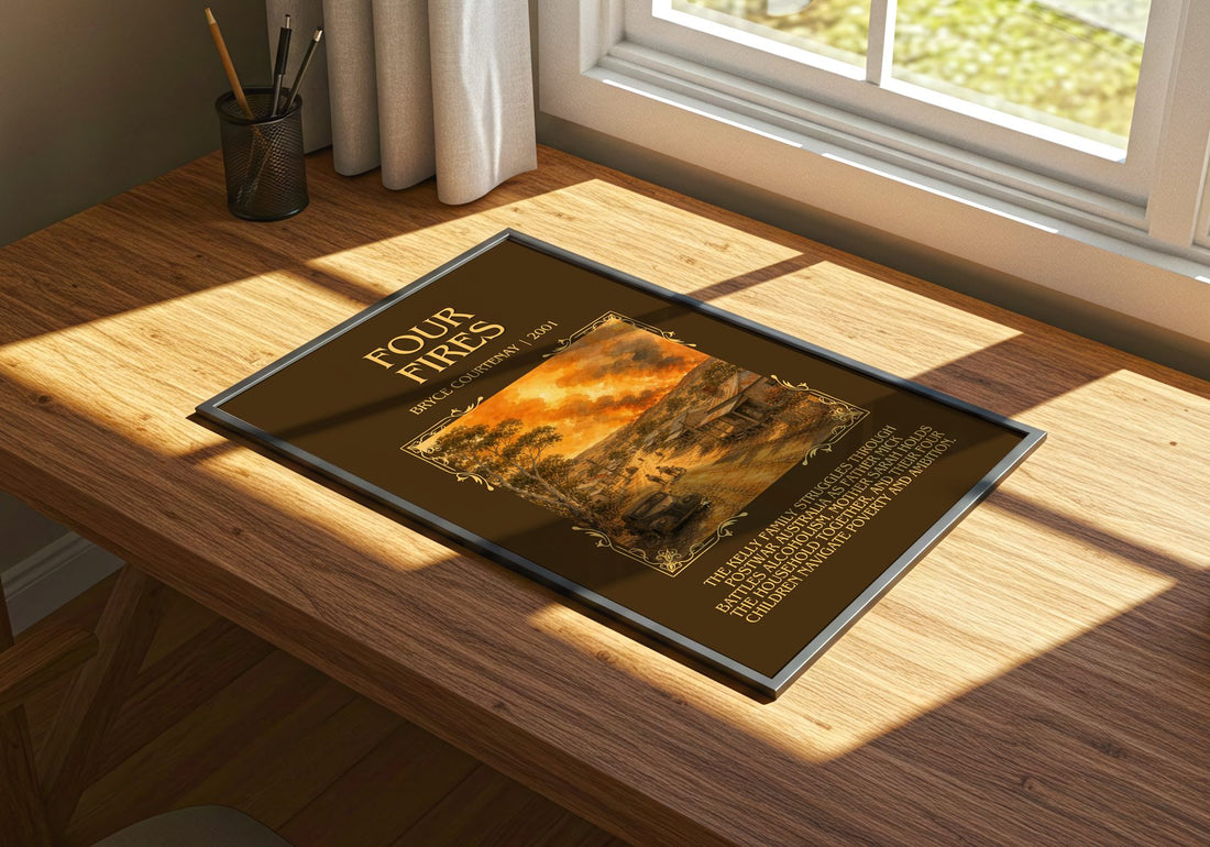 Four Fires Minimalist Book Poster by Bryce Courtenay – print on a sunlit desk