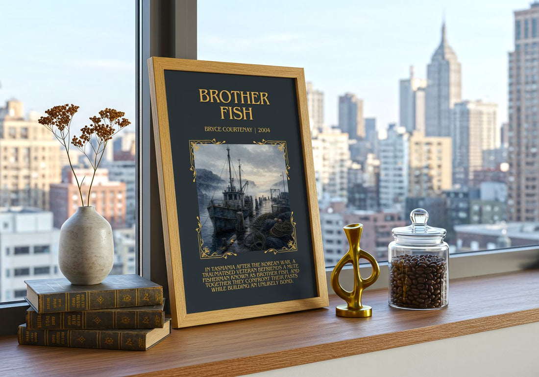 Brother Fish Minimalist Book Poster by Bryce Courtenay – framed print on a city-view windowsill