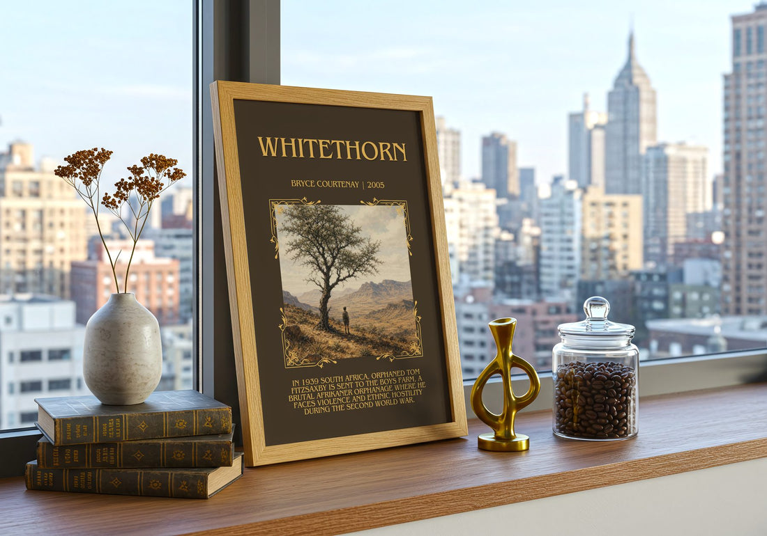 Whitethorn Minimalist Book Poster by Bryce Courtenay – framed print on a city-view windowsill