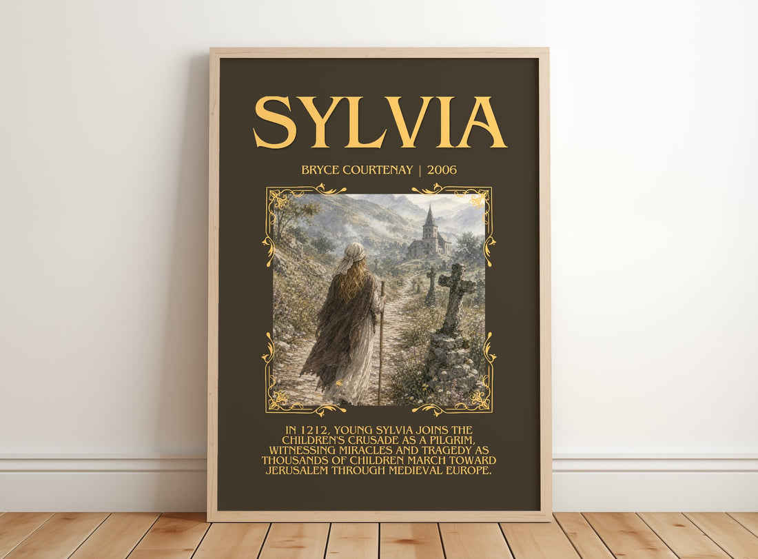 Sylvia Minimalist Book Poster by Bryce Courtenay – framed print leaning on a wooden floor