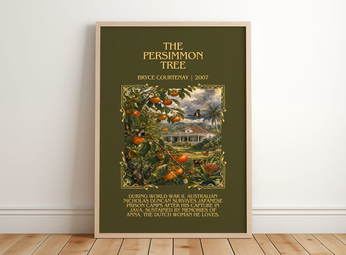 The Persimmon Tree Minimalist Book Poster by Bryce Courtenay – framed print leaning on a wooden floor