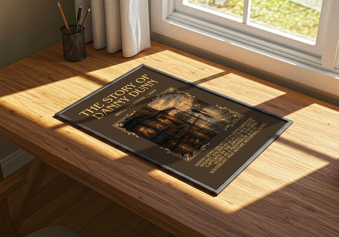 The Story Of Danny Dunn Minimalist Book Poster by Bryce Courtenay – print on a sunlit desk