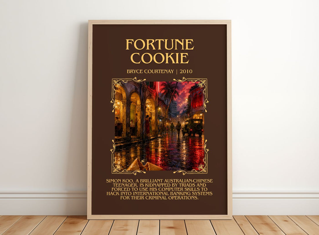 Fortune Cookie Minimalist Book Poster by Bryce Courtenay – framed print leaning on a wooden floor