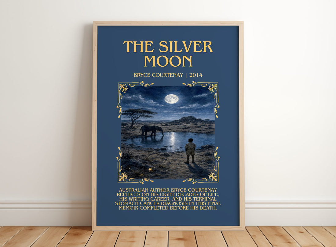 The Silver Moon Minimalist Book Poster by Bryce Courtenay – framed print leaning on a wooden floor