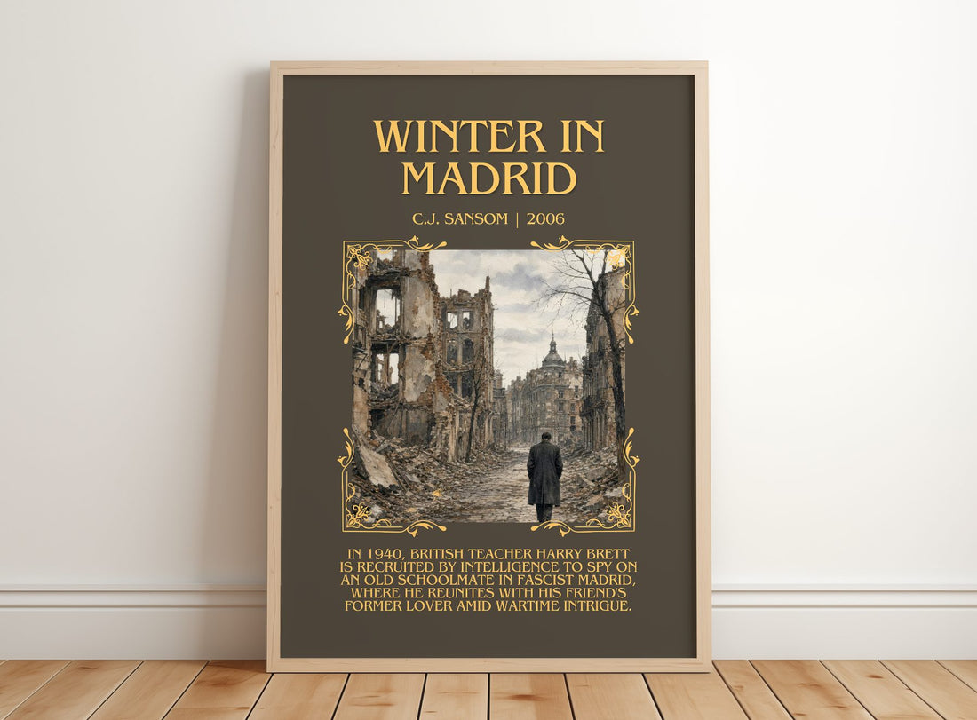 Winter In Madrid Minimalist Book Poster by C.J. Sansom – framed print leaning on a wooden floor