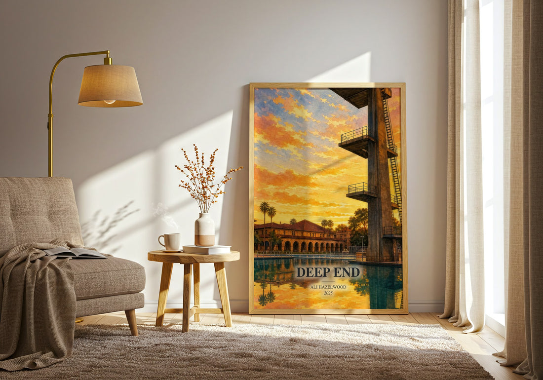 Deep End watercolour print in frame leaning in hallway – contemporary fiction wall art (mockup)