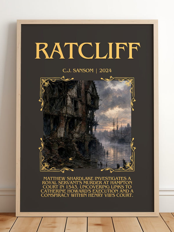 Ratcliff Minimalist Book Poster by C.J. Sansom – framed print leaning on a wooden floor