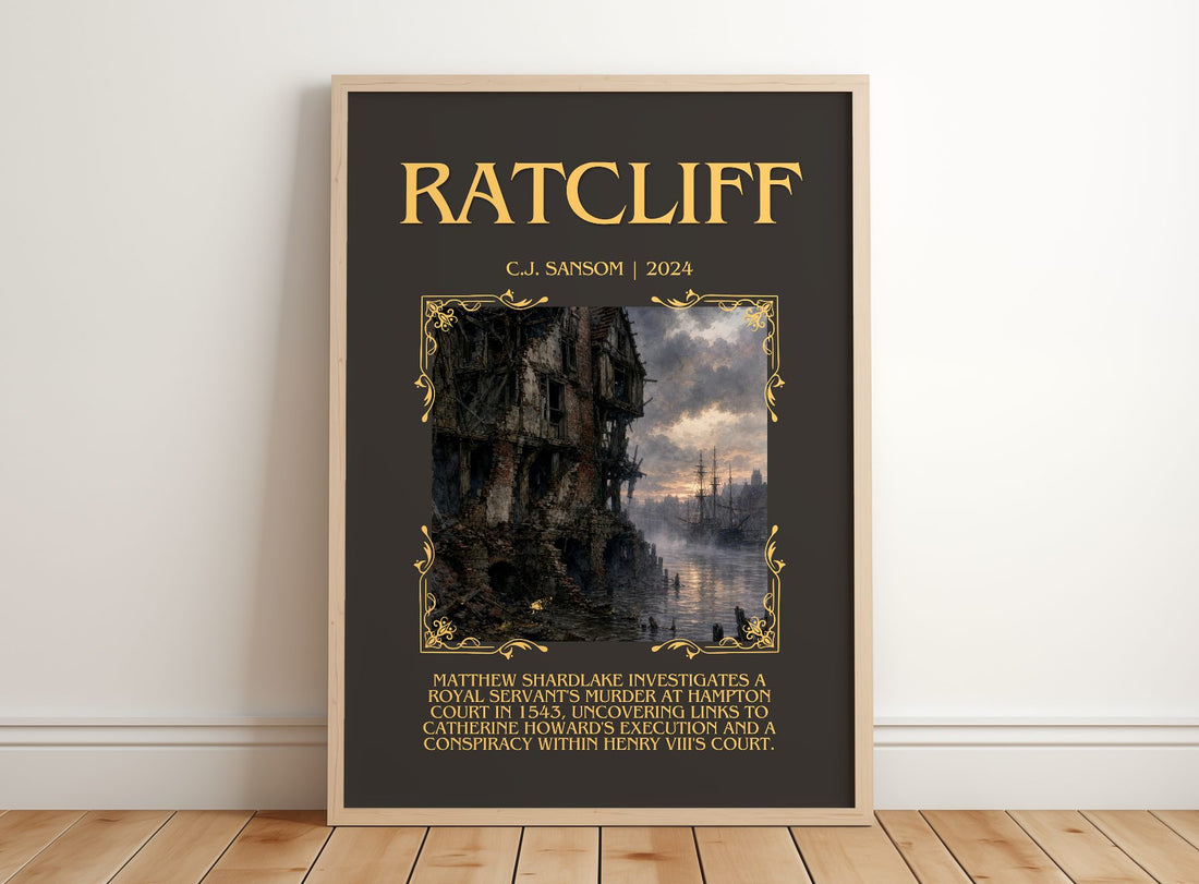 Ratcliff Minimalist Book Poster by C.J. Sansom – framed print leaning on a wooden floor