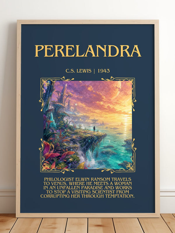 Perelandra Minimalist Book Poster by C.S. Lewis – framed print leaning on a wooden floor