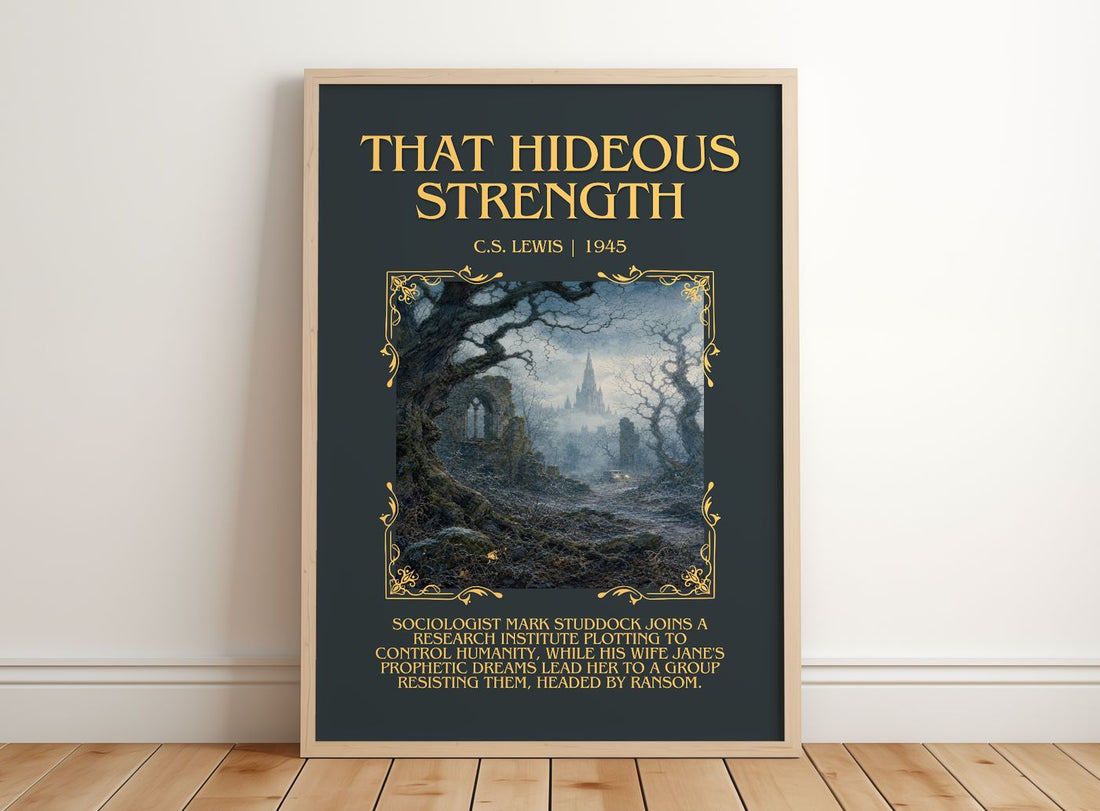 That Hideous Strength Minimalist Book Poster by C.S. Lewis – framed print leaning on a wooden floor