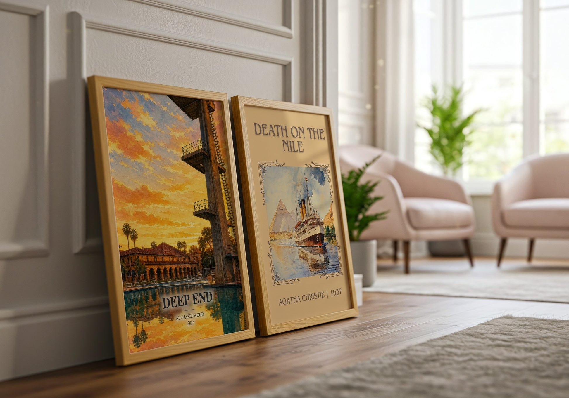 Deep End watercolour print framed by window – literary home decor