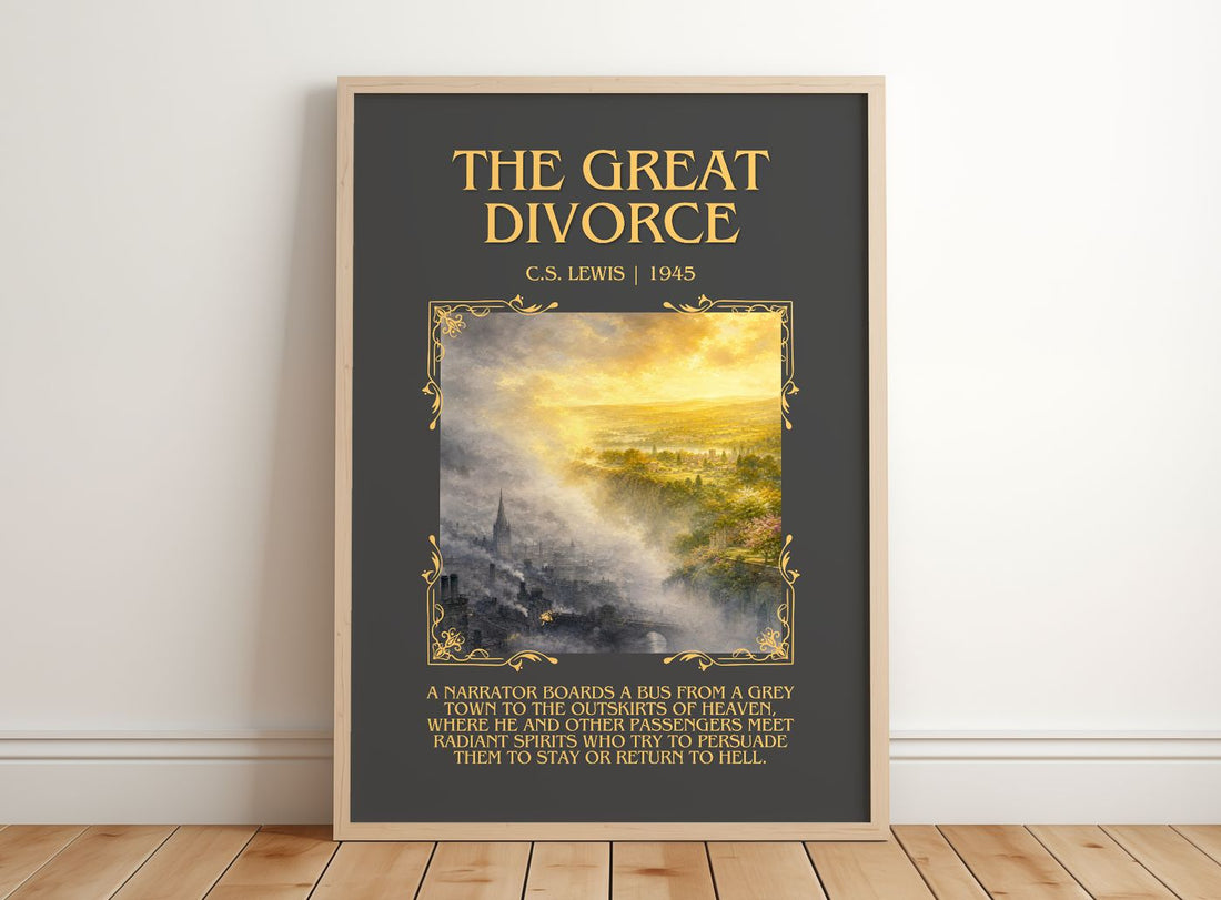 The Great Divorce Minimalist Book Poster by C.S. Lewis – framed print leaning on a wooden floor
