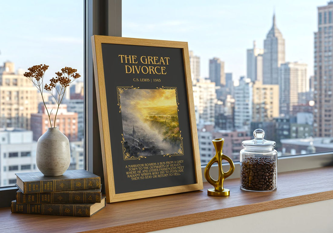 The Great Divorce Minimalist Book Poster by C.S. Lewis – framed print on a city-view windowsill