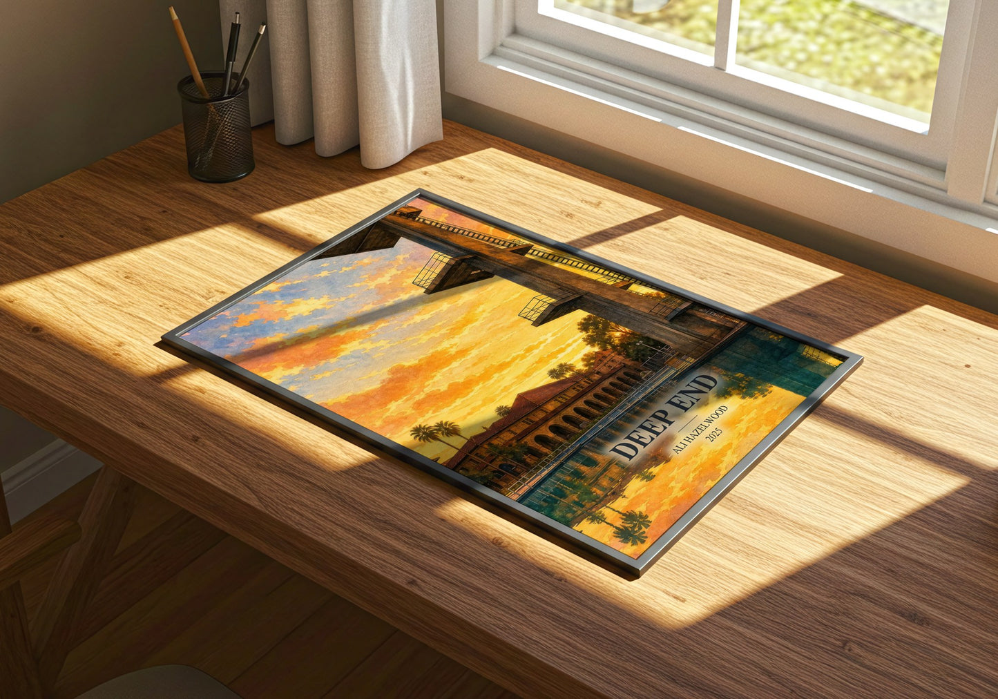 Deep End watercolour book poster framed on wall – contemporary fiction wall art